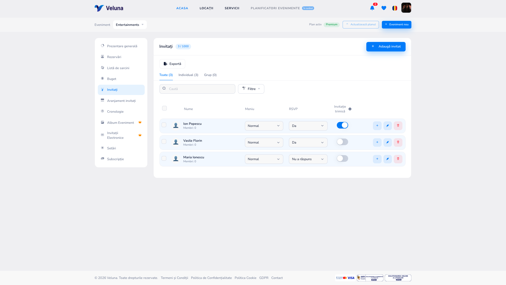 Veluna — gestionarea invitaților